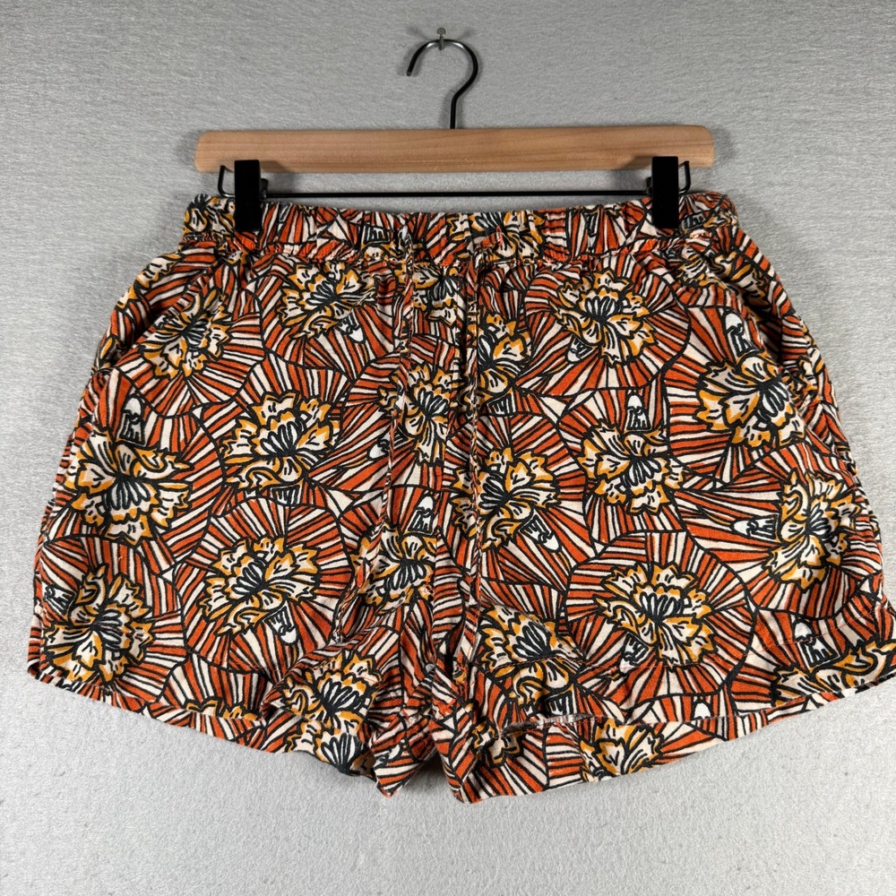 Cynthia Rowley Women Orange Floral Geometric 100% Linen Drawstring Shorts Size M